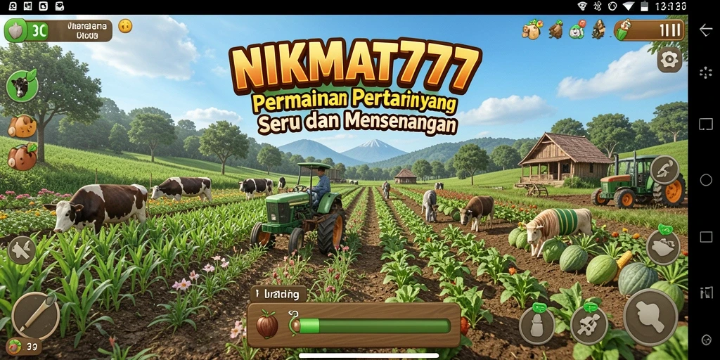 Screenshot gameplay NIKMAT777 menampilkan kebun yang subur dan hewan ternak.