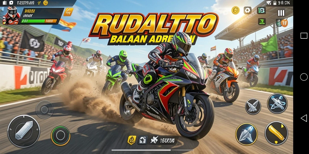 Screenshot menampilkan balapan motor cepat dan seru.
